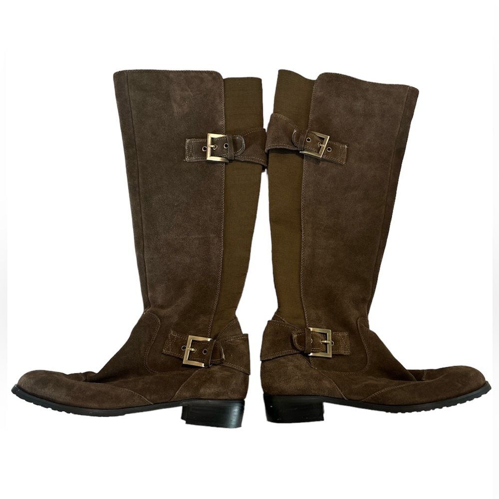 Restricted leather upper chocolate brown knee high riding boots size 10 stretch